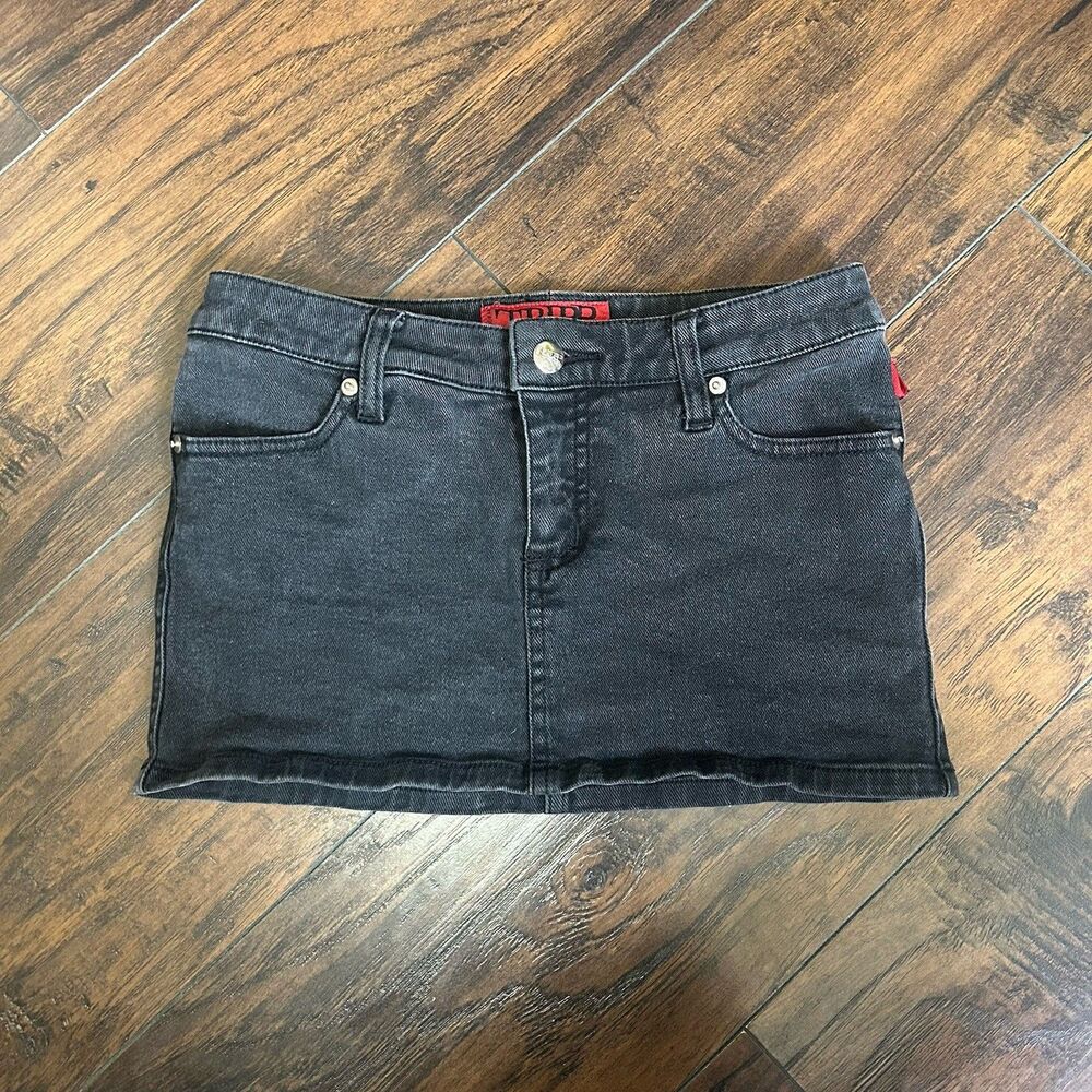 Tripp NYC Goth Punk Black Denim Mini Skirt Low Rise Micro Size Small Grunge